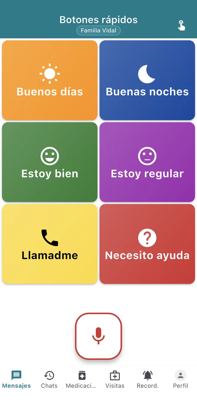 Pantalla de DiAlgo con seis botones grandes de colores: Buenos días, Buenas noches, Estoy bien, Estoy regular, Llamadme y Necesito ayuda, y un botón de micrófono.